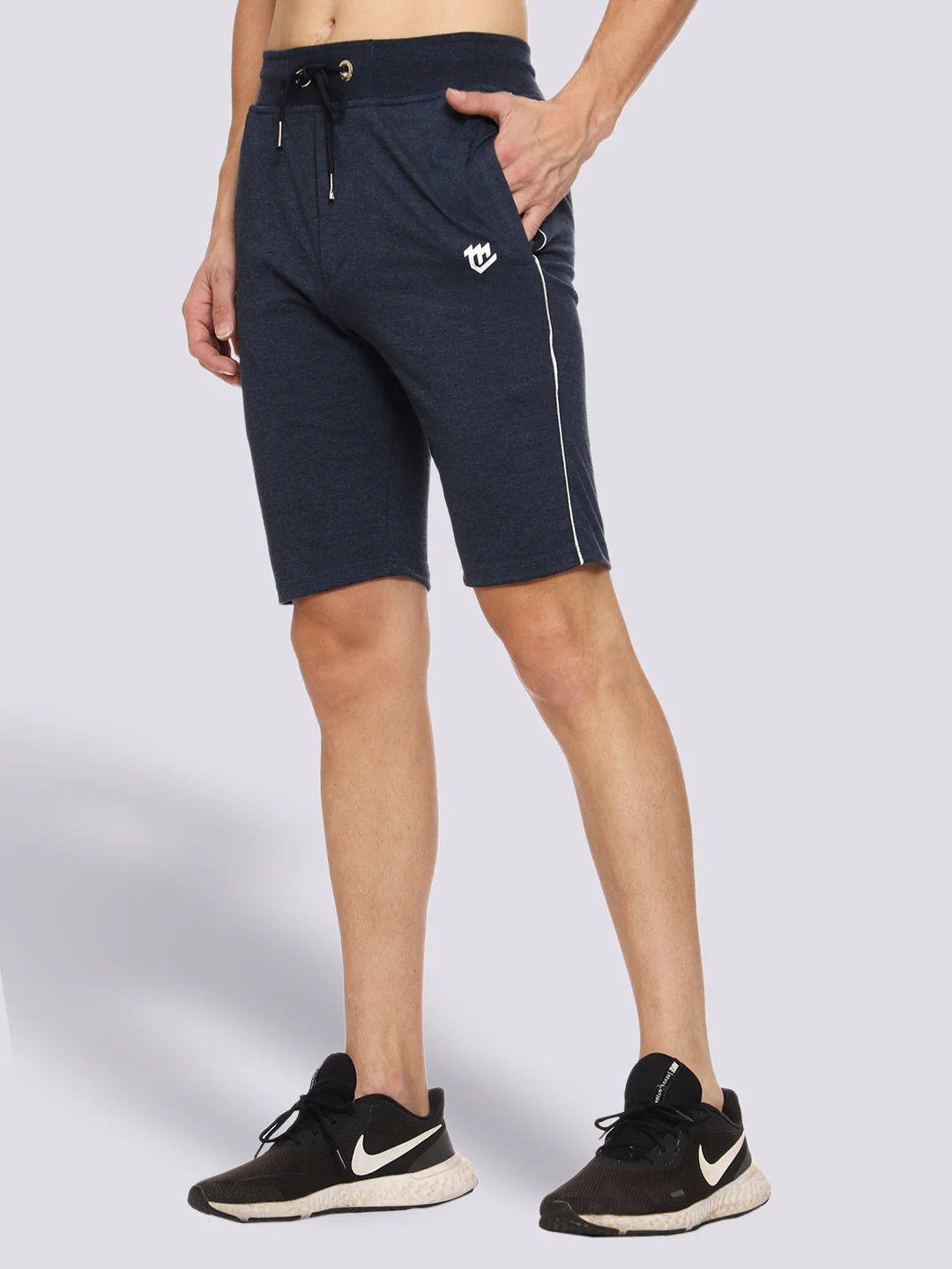 Side Piping Melange Blue Shorts For Men
