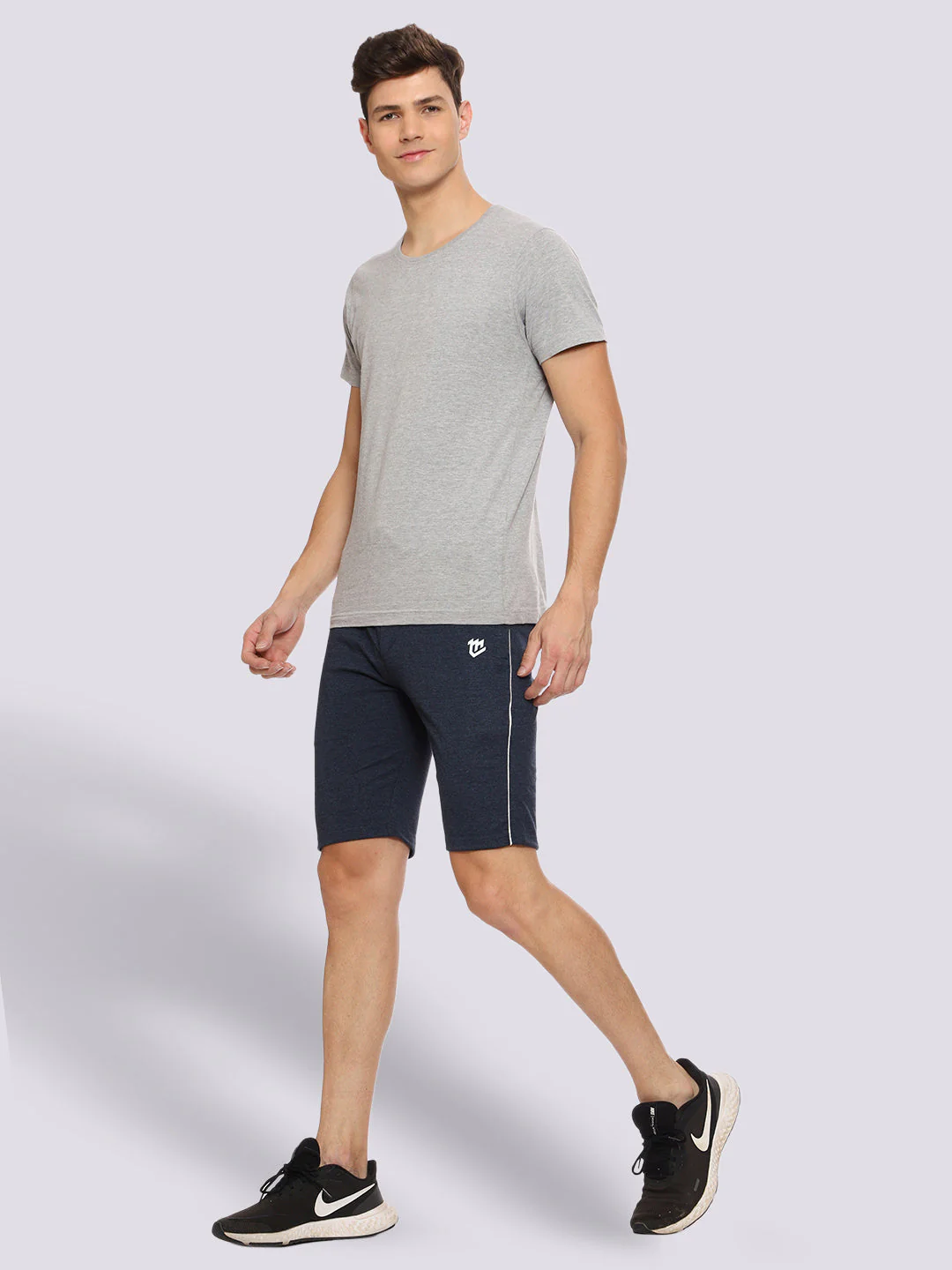 Side Piping Melange Blue Shorts For Men - Image 2