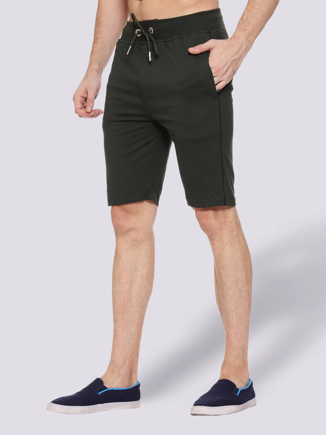 Side Piping Olive Green Shorts For Men
