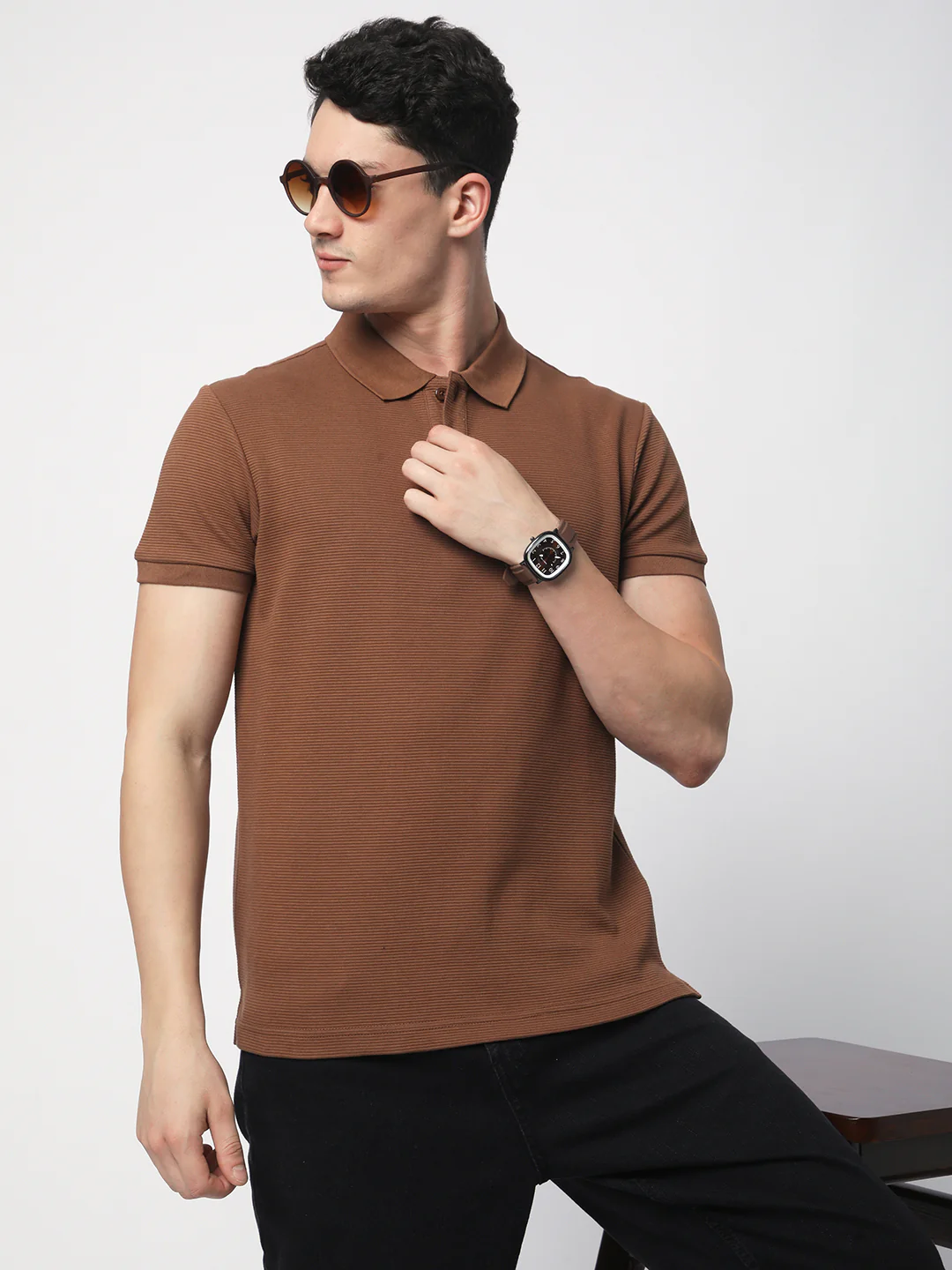 Textured Knit Polo T-shirt (Brown) - Image 8