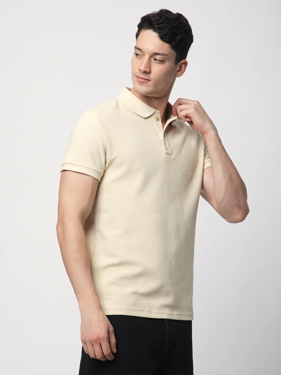 Textured Knit Polo T-shirt (BEIGE)