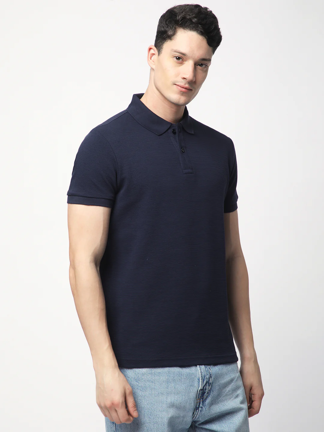 Textured Knit Polo T-shirt (Navy) - Image 2